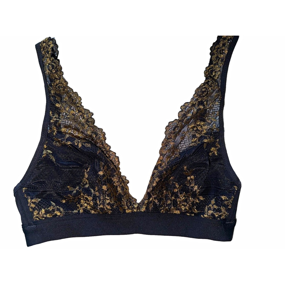 Wacoal Embrace Lace Wire Free Bralette 852191 Black Gold Metallic Lace Size 32